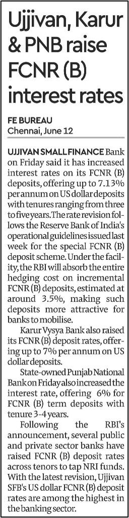 Ujjivan, Karur & PNB raise FCNR (B) interest rates