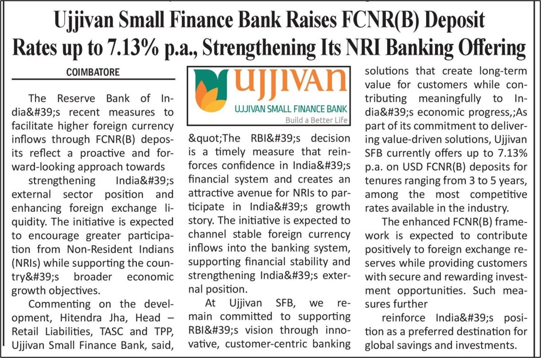 Ujjivan Small Finance Bank Raises FCNR(B) Deposit Rates up to 7.13% p.a., Strengthening Its NRI Banking Offering