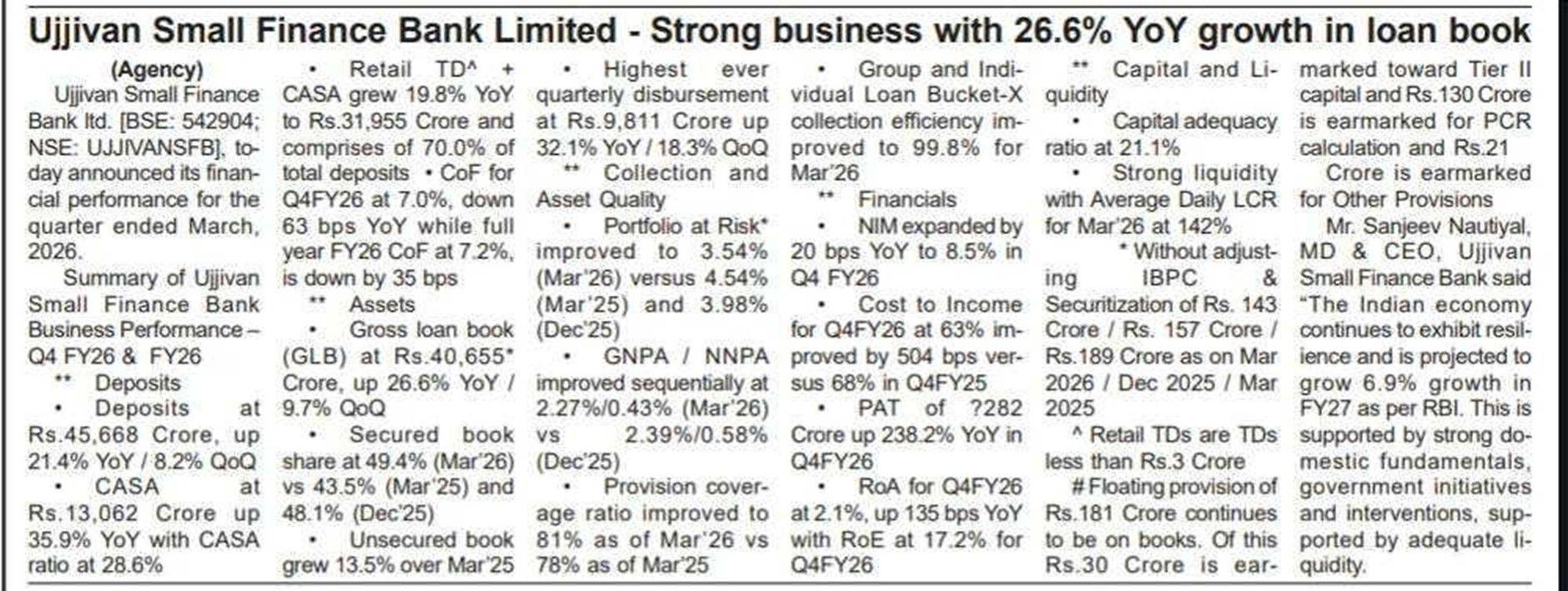 Ujjiivan Small Finance Bank Limited - Strong business with 26.6% YoY growth in loan book