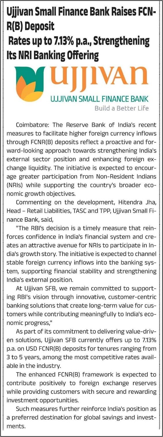 Ujjivan Small Finance Bank Raises FCN-R(B) DepositRates up to 7.13% p.a., Strengthening Its NRI Banking Offering