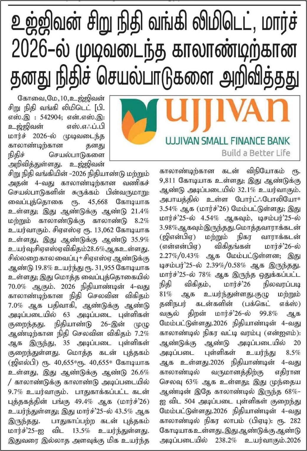 Ujjivan Small Finance Bank Limited announced its financial performance for the quarter ended March 2026