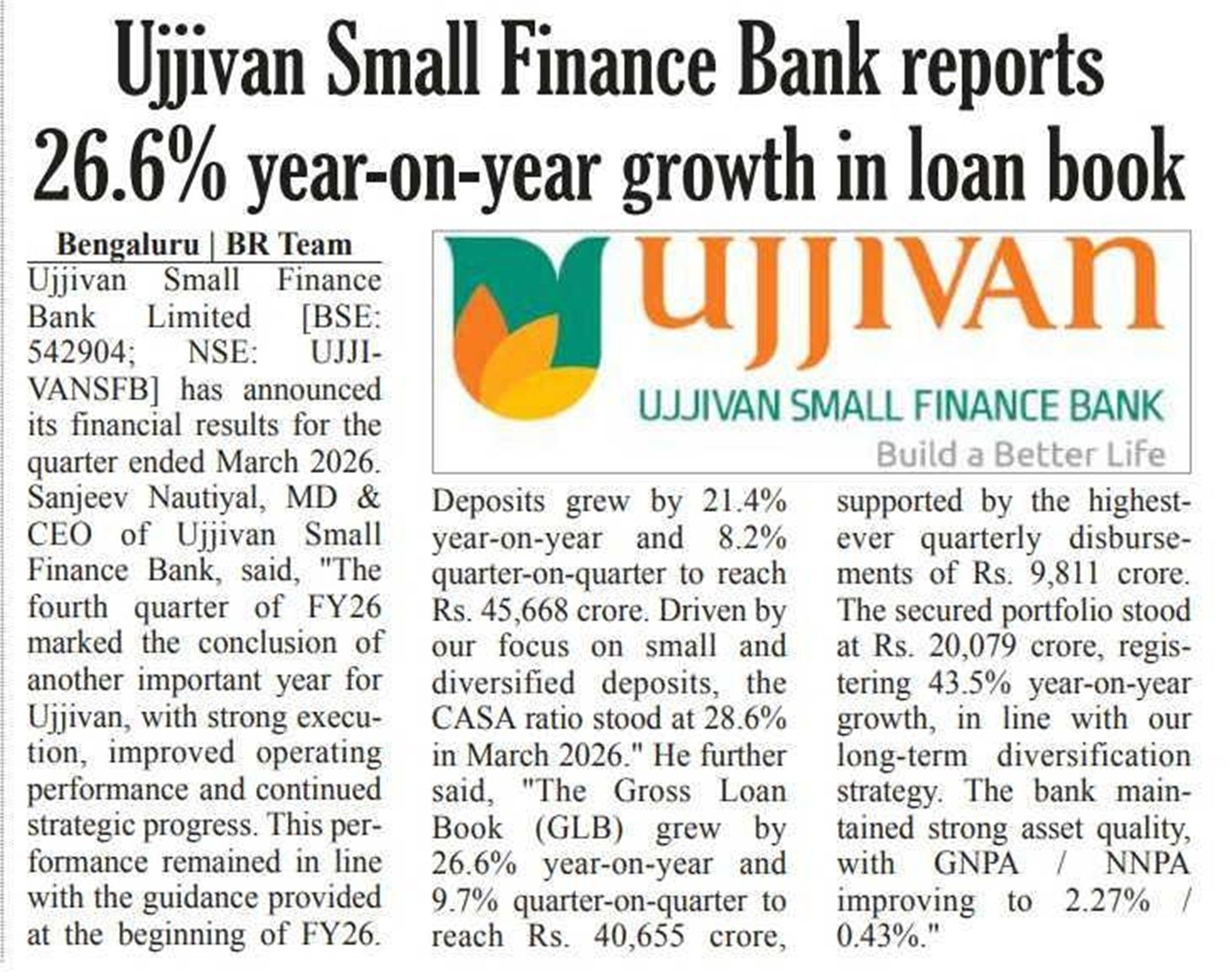 Ujjivan Small Finance Bank reports 26.6% year-on-year growth in loan book