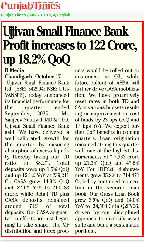 Ujjivan Small Finance Bank Profit increases to 122 Crore, up 18.2% QoQ