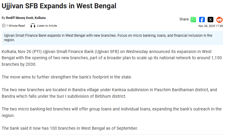 Ujjivan SFB Expands in West Bengal