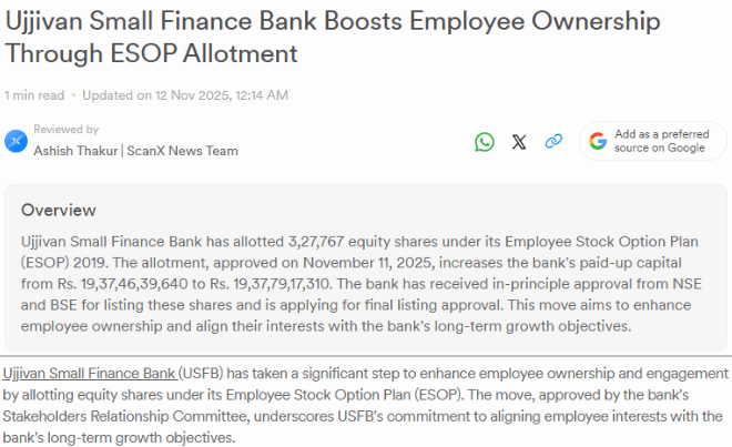 Ujjivan Small Finance Bank Boosts Employee Ownership Through ESOP Allotment