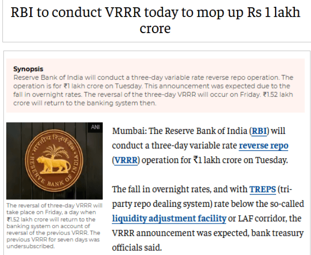 RBI to conduct VRRR today to mop up Rs 1 lakh crore