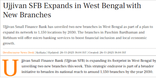 Ujjivan SFB Expands in West Bengal with New Branches