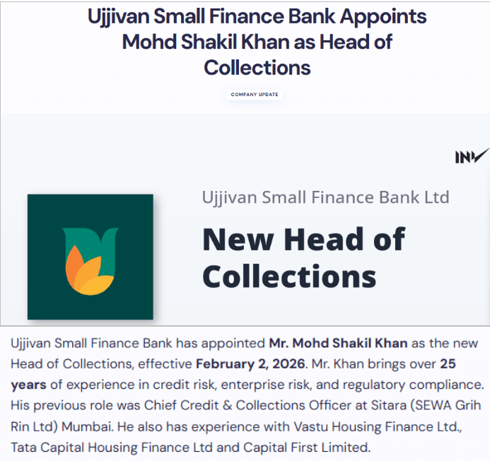 Ujjivan Small Finance Bank Appoints Mohd Shakil Khan as Head of Collections
