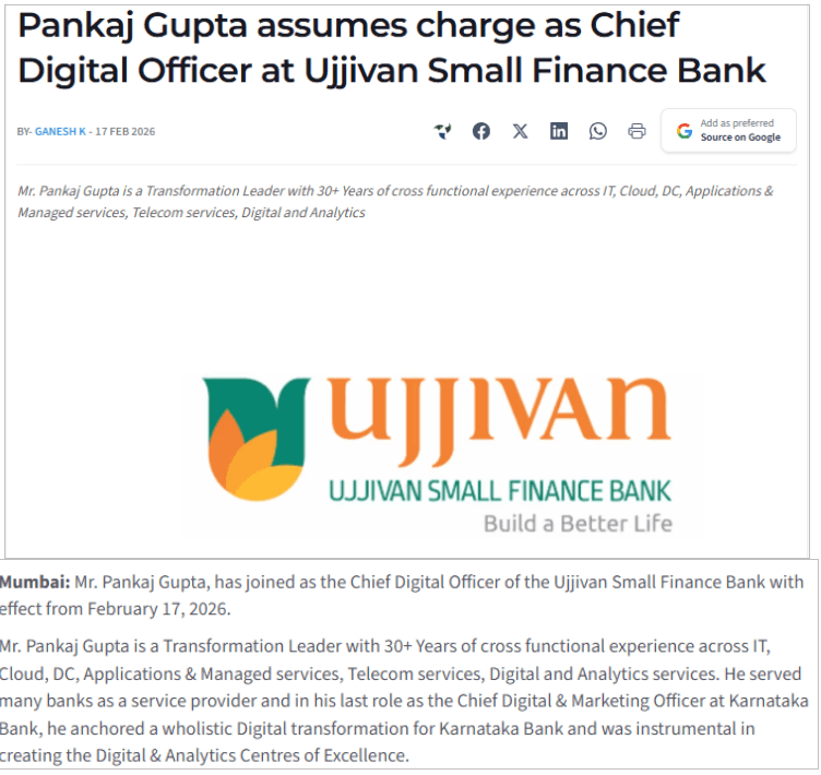 Pankaj Gupta assumes charge as Chief Digital Officer at Ujjivan Small Finance Bank