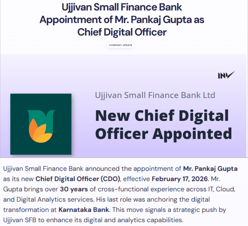 Ujjivan Small Finance Bank Appointment of Mr. Pankaj Gupta as Chief Digital Officer