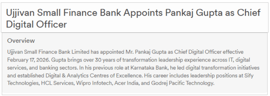 Ujjivan Small Finance Bank Appoints Pankaj Gupta as Chief Digital Officer