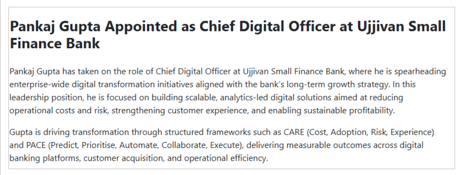 Pankaj Gupta Appointed as Chief Digital Officer at Ujjivan Small Finance Bank | Cxo. Techbot