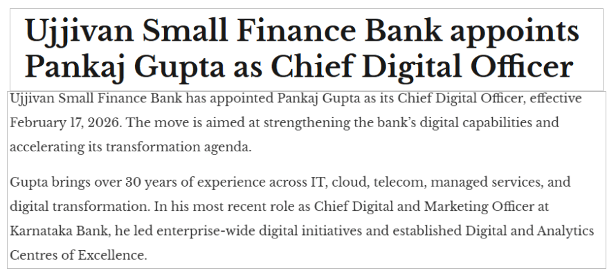 Ujjivan Small Finance Bank appoints Pankaj Gupta as Chief Digital Officer