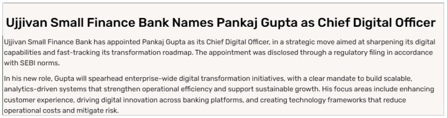 Ujjivan Small Finance Bank Names Pankaj Gupta as Chief Digital Officer