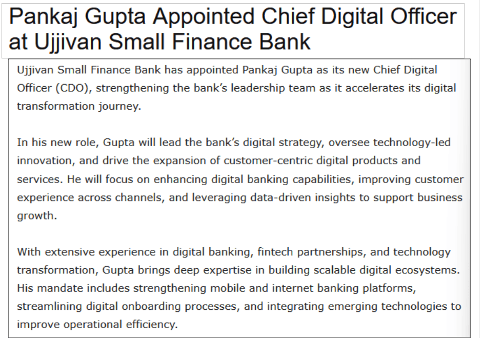 Pankaj Gupta Appointed Chief Digital Officer at Ujjivan Small Finance Bank
