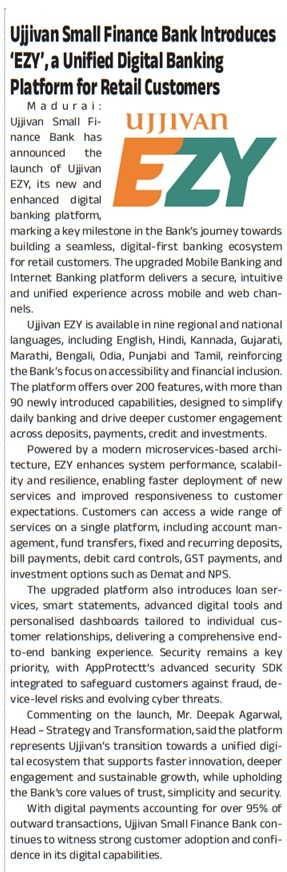 Ujjivan Small Finance Bank Introduces 'EZY', a Unified Digital Banking Platform for Retail Customers