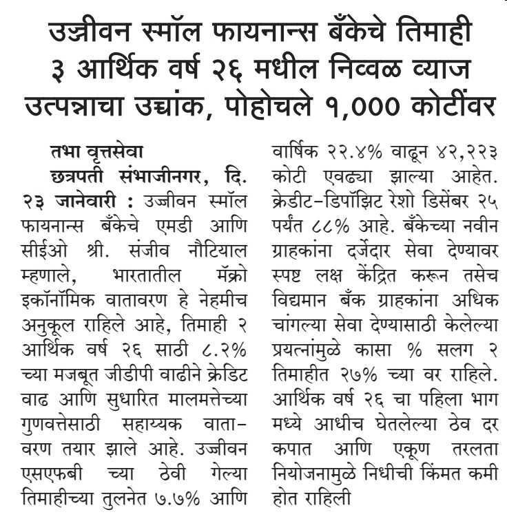 Ujjivan Small Finance Bank's net interest income reached a record high in the third quarter of fiscal year 2026, crossing Rs 1,000 crore