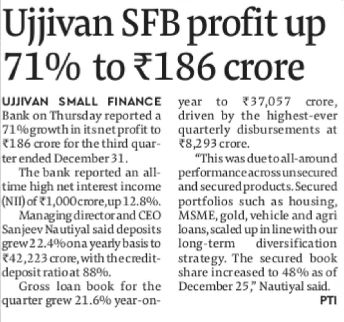 Ujjivan SFB profit up 71% to Rs186 crore