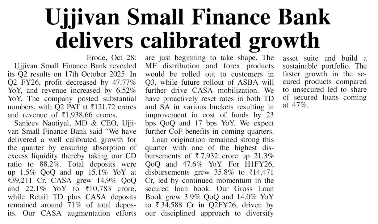 Ujjivan Small Finance Bank delivers calibrated growth