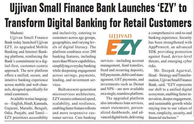 Ujjivan Small Finance Bank Launches ‘EZY' to Transform Digital Banking for Retail Customers
