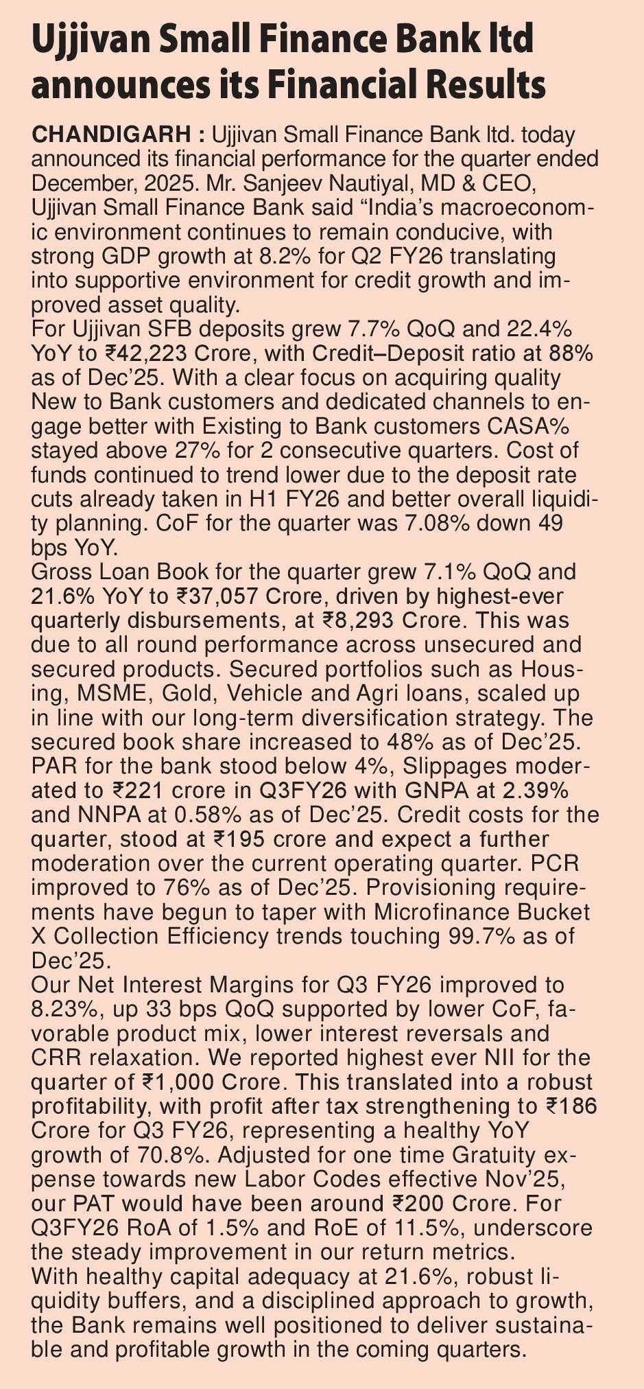 Ujjivan Small Finance Bank Itd announces its Financial Results