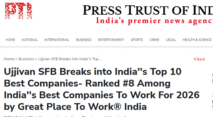 Ujjivan SFB Breaks into India''s Top 10 Best Companies- Ranked #8 Among India''s Best Companies To Work For 2026 by Great Place To Work® India