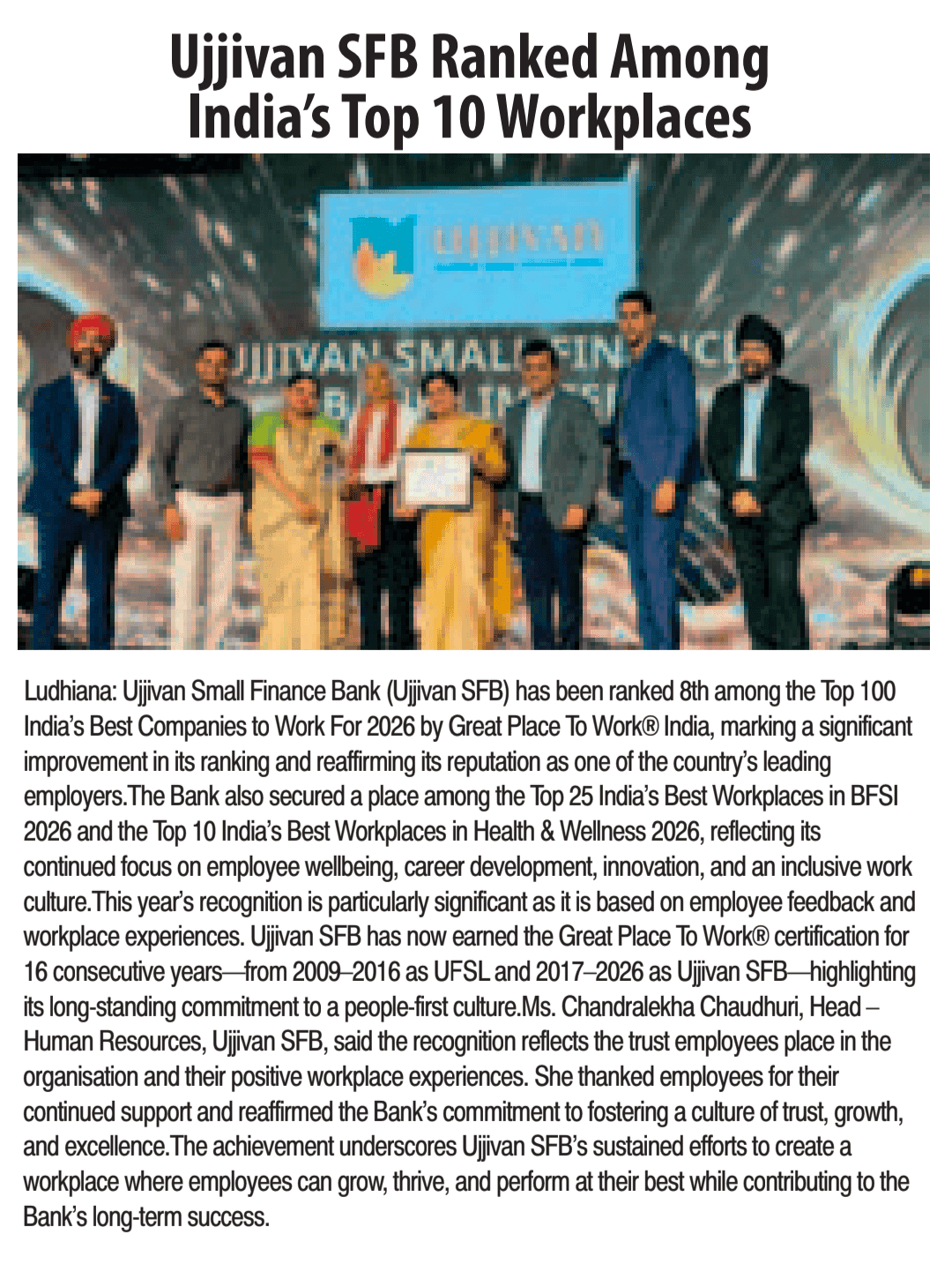 Ujjivan SFB Ranked Among India's Top 10 Workplaces