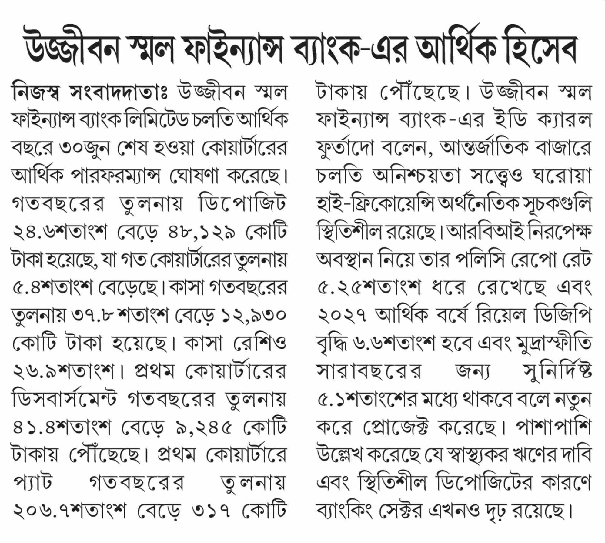 উজ্জীবন স্মল ফাইন্যান্স ব্যাংক-এর আর্থিক হিসেব