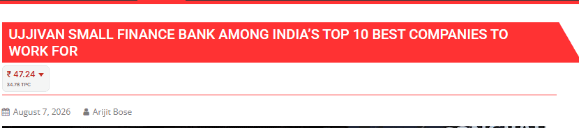 UJJIVAN SMALL FINANCE BANK AMONG INDIA'S TOP 10 BEST COMPANIES TO WORK FOR