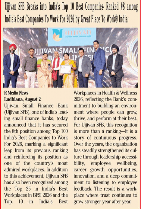 Ujjivan SFB Breaks into India's Top 10 Best Companies- Ranked #8 among India's Best Companies To Work For 2026 by Great Place To Work® India