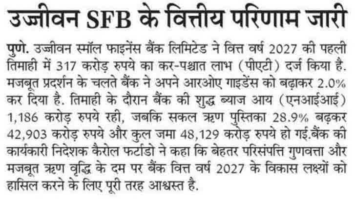 उज्जीवन SFB के वित्तीय परिणाम जारी