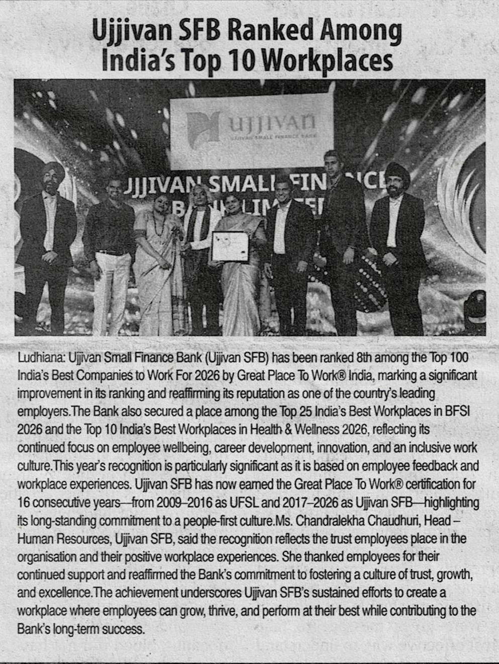 Ujjivan SFB Ranked Among India's Top 10 Workplaces