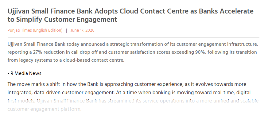 Ujjivan Small Finance Bank Adopts Cloud Contact Centre as Banks Accelerate to Simplify Customer Engagement