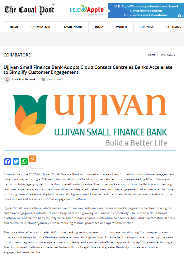 Ujjivan Small Finance Bank Adopts Cloud Contact Centre as Banks Accelerate to Simplify Customer Engagement