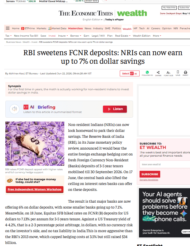 RBI sweetens FCNR deposits: NRIs can now earn up to 7% on dollar savings