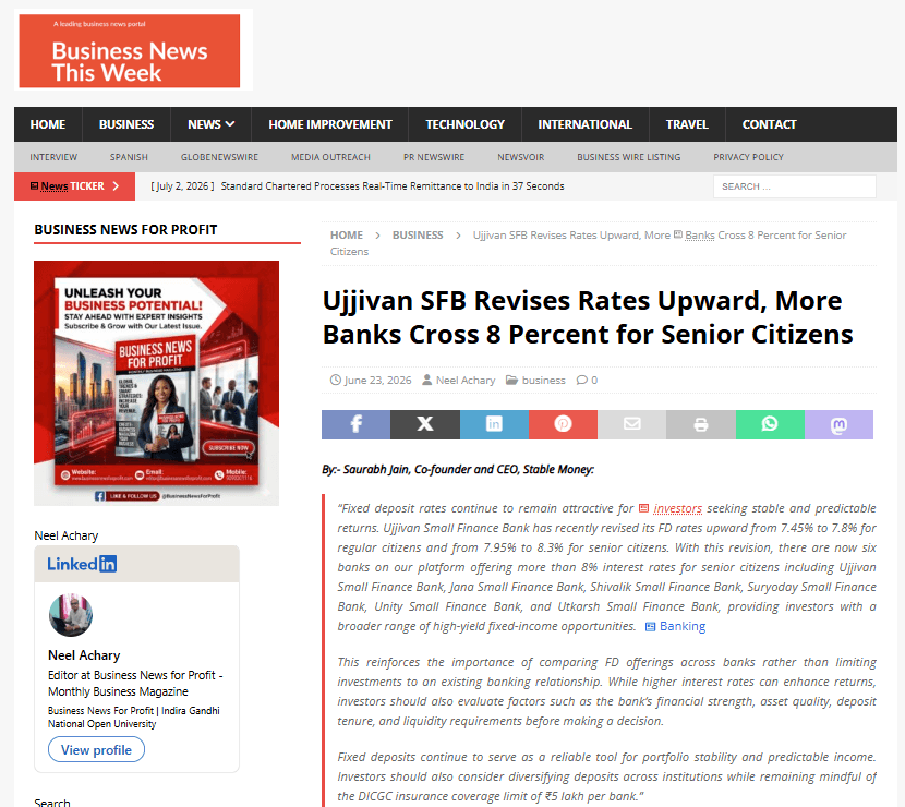 Ujjivan SFB Revises Rates Upward, More Banks Cross 8 Percent for Senior Citizens