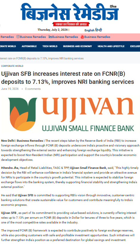 Ujjivan SFB increases interest rate on FCNR (B) deposits to 7.13%, NRI banking service improved