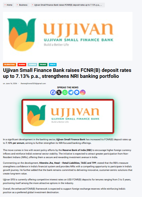 Ujjivan Small Finance Bank raises FCNR(B) deposit rates up to 7.13% p.a., strengthens NRI banking portfolio