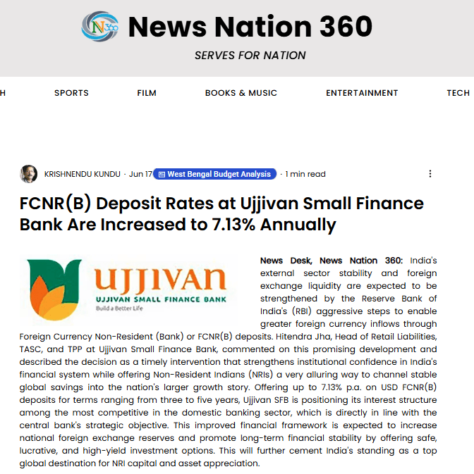 FCNR(B) Deposit Rates at Ujjivan Small Finance Bank Are Increased to 7.13% Annually