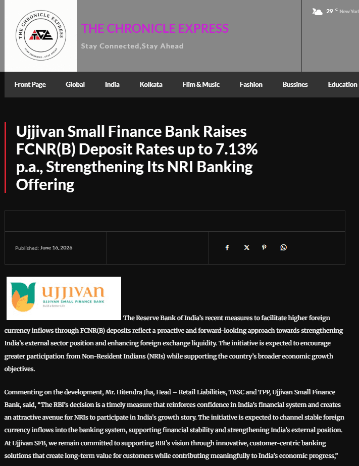 Ujjivan Small Finance Bank Raises FCNR(B) Deposit Rates up to 7.13% p.a., Strengthening Its NRI Banking Offering