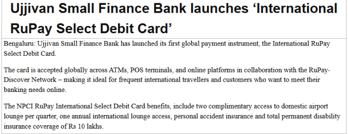 Ujjivan Small Finance Bank launches ‘International RuPay Select Debit Card’