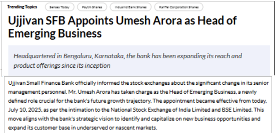 Ujjivan SFB Appoints Umesh Arora as Head of Emerging Business